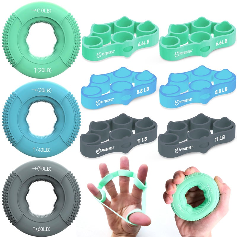 FitBeast Grip Strength Trainer  Finger Exerciser  Forearm Strengthener 9-Piece Kit  Hand Grip Strengthener Targeted Strength  Relief & Recovery (Green) - Image 1